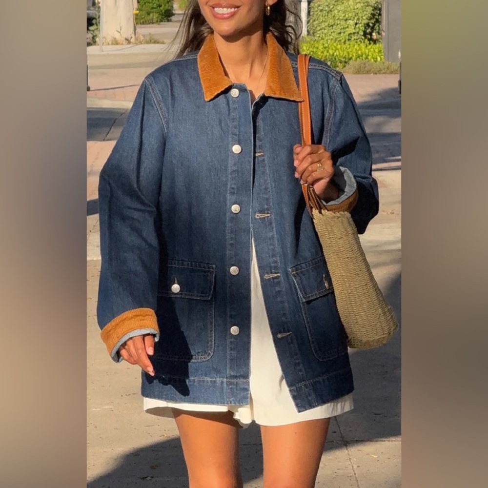 Beginning Boutique Hendrick Mid Wash Denim Cord Trim Oversized Jacket